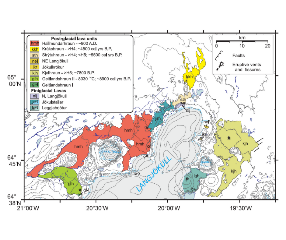 Overview of the lava fields around the glaciers Langjökull and Eiríksjökull.